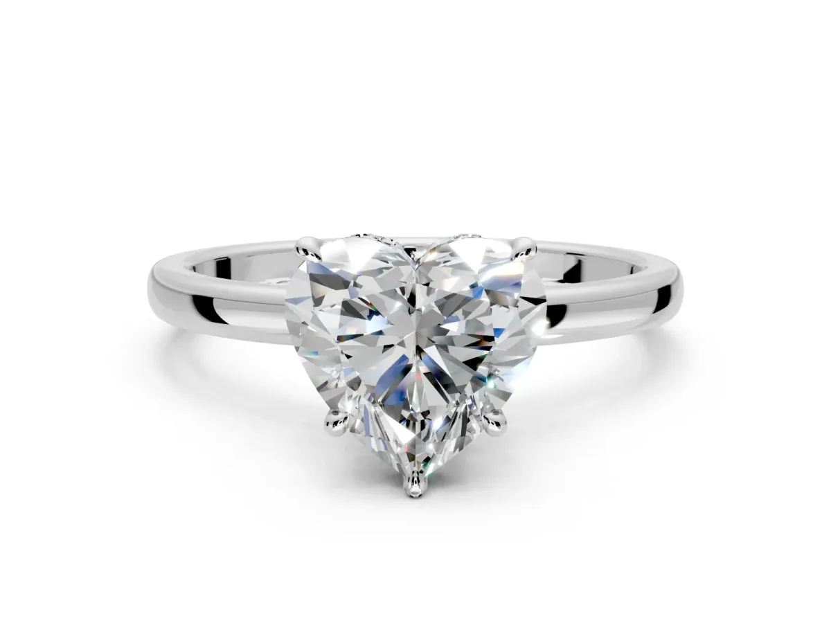 Hidden Halo Engagement Ring Setting for Heart-Shaped Center with Plain Band and Tall Prong Head in White Gold