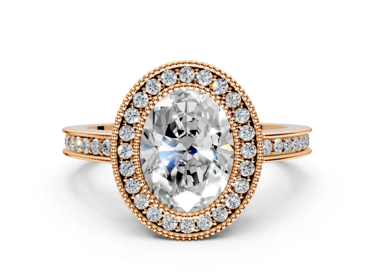 Halo Engagement Ring Setting for Oval Center with Milgrain Halo, Pave Band and Prong Head in Rose Gold