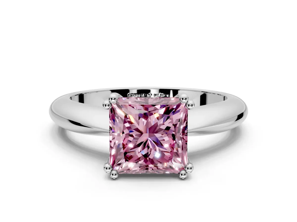 Solitaire Engagement Ring Setting for Fancy Pink Princess Cut Center with Reverse Tapered Band and Prong Head in Platinum