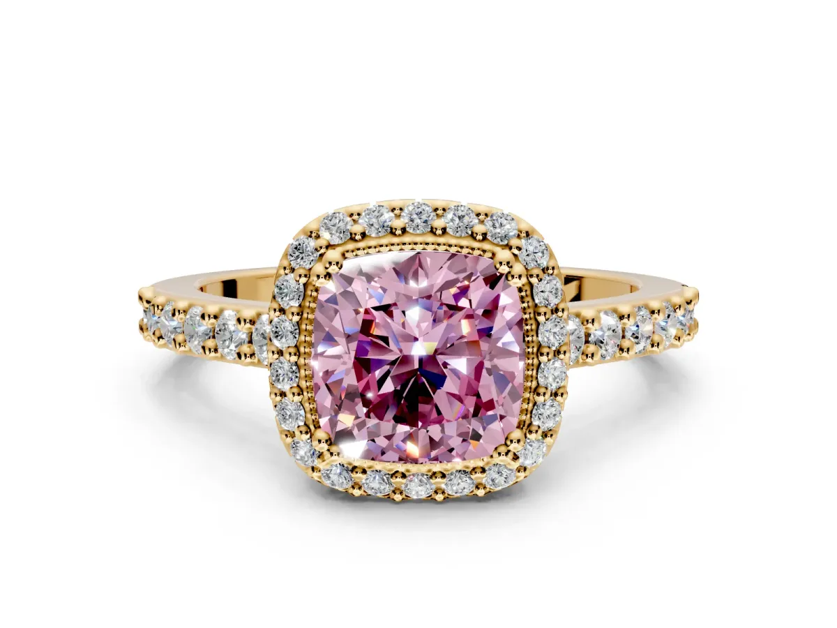 Halo Engagement Ring Setting for Fancy Pink Cushion Cut Center with Inner Milgrain Border and Prong Head in Yellow Gold