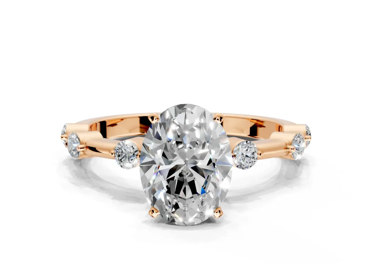 Solitaire Engagement Ring Setting for Oval Center with Bezel Station Band and Prong Head in Rose Gold