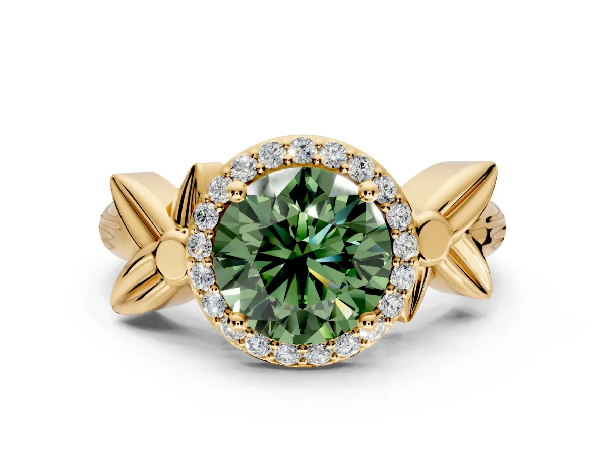 Halo Engagement Ring Setting for Fancy Green Round Cut Center with Floral Band and Prong Head in Yellow Gold