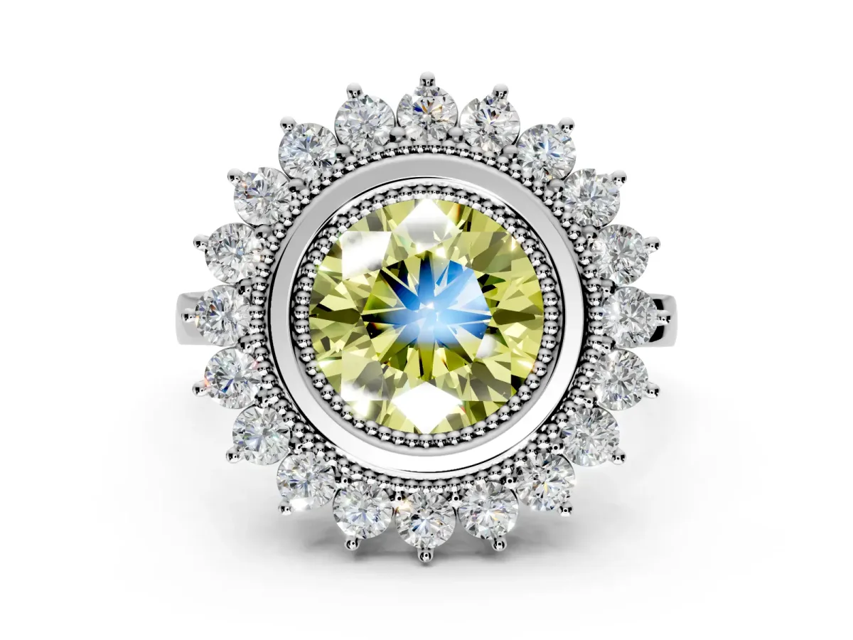 Halo Engagement Ring Setting for Fancy Yellow Round Cut Center with Milgrain Bezel Rim, Plain Band and Prong Head in White Gold