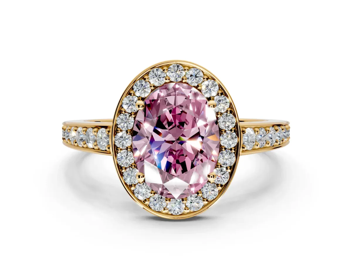 Bezel-Framed Halo Engagement Ring Setting for Fancy Pink Oval Center with Pave Band and Prong Head in Yellow Gold