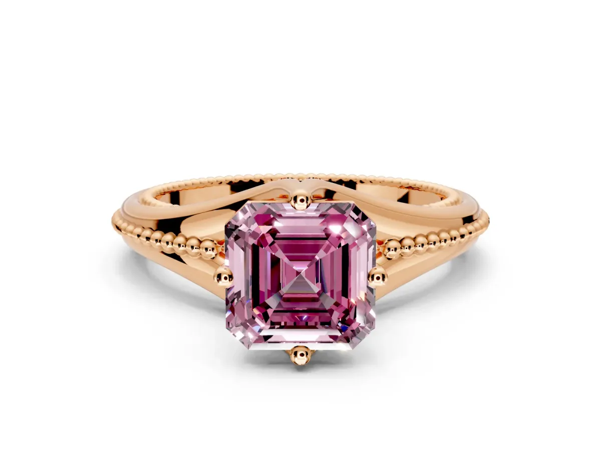 Solitaire Engagement Ring Setting for Fancy Pink Asscher Cut Center with Milgrain Cathedral Band and Prong Head in Rose Gold