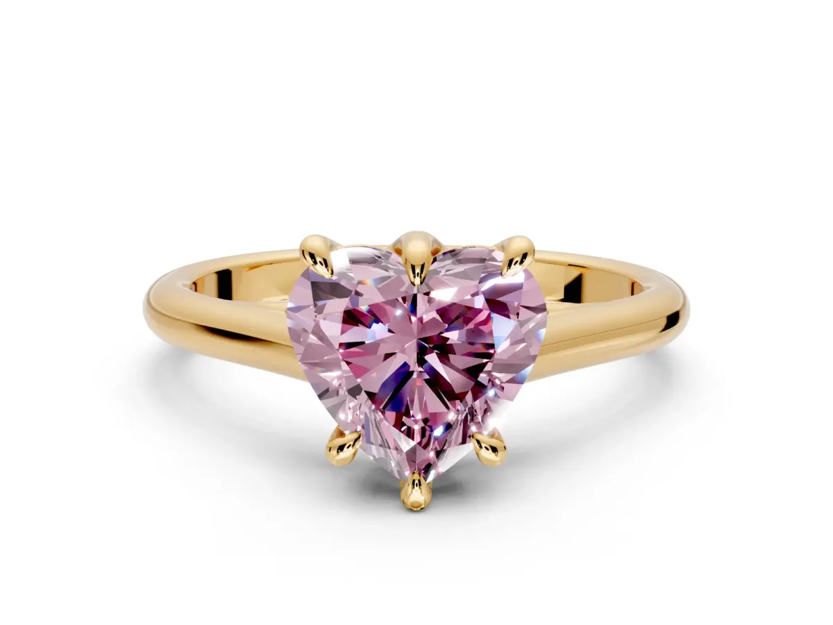 Solitaire Engagement Ring Setting for Fancy Pink Heart-Shaped Center with Cathedral Band and Prong Head in Yellow Gold