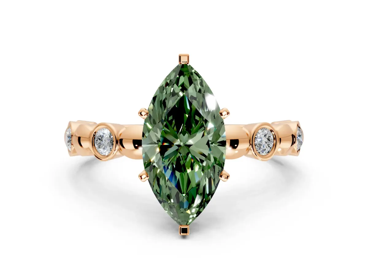 Solitaire Engagement Ring Setting for Fancy Green Marquise Center with Beaded Bezel Station Band and Prong Head in Rose Gold