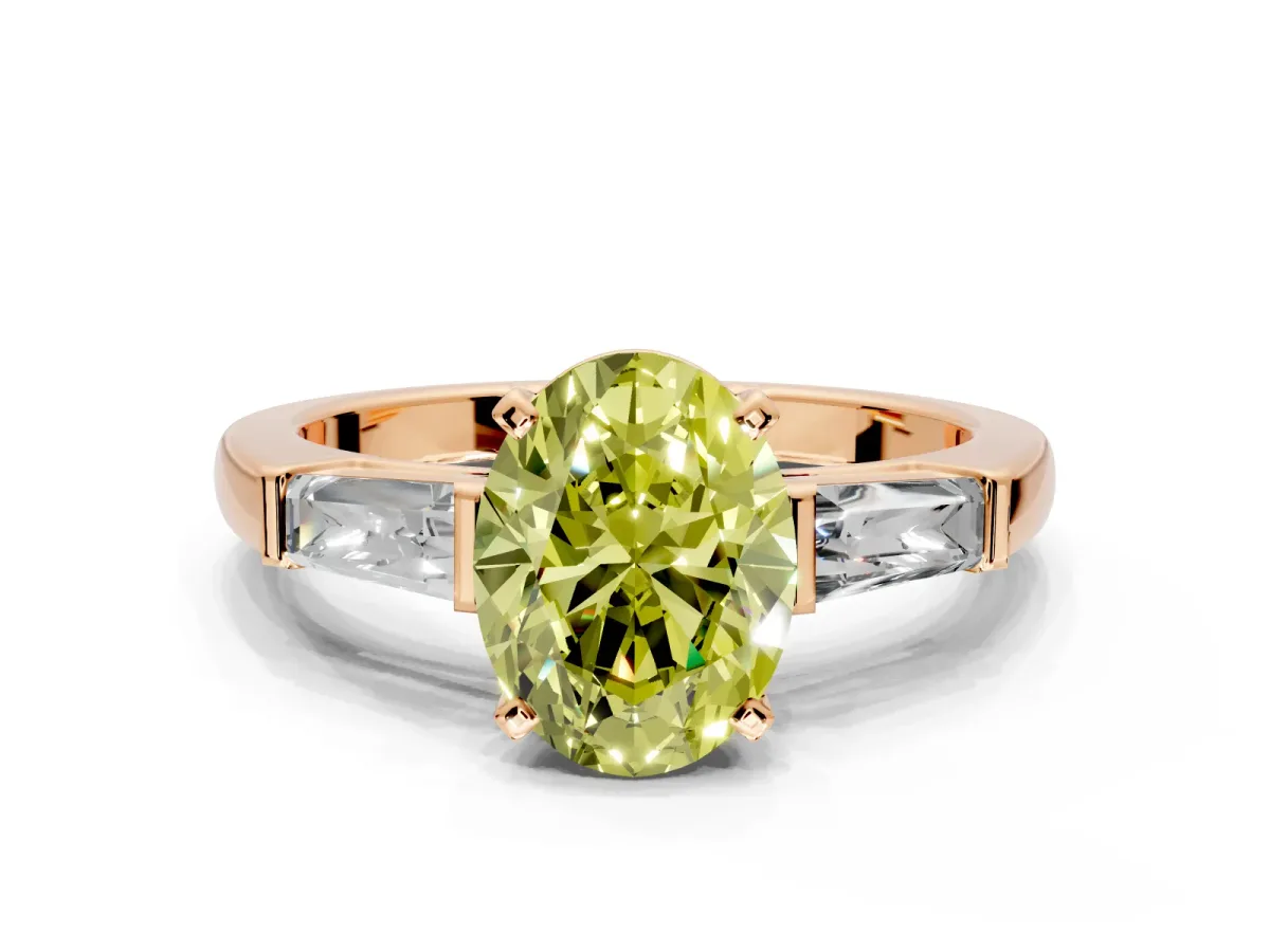 3 Stone Engagement Ring Setting for Fancy Yellow Oval Center with Tapered Baguettes, Plain Band and Prong Head in Rose Gold
