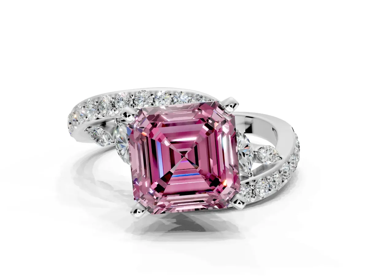 Solitaire Engagement Ring Setting for Fancy Pink Asscher Cut Center with Pave Bypass Twist Band and Prong Head in White Gold
