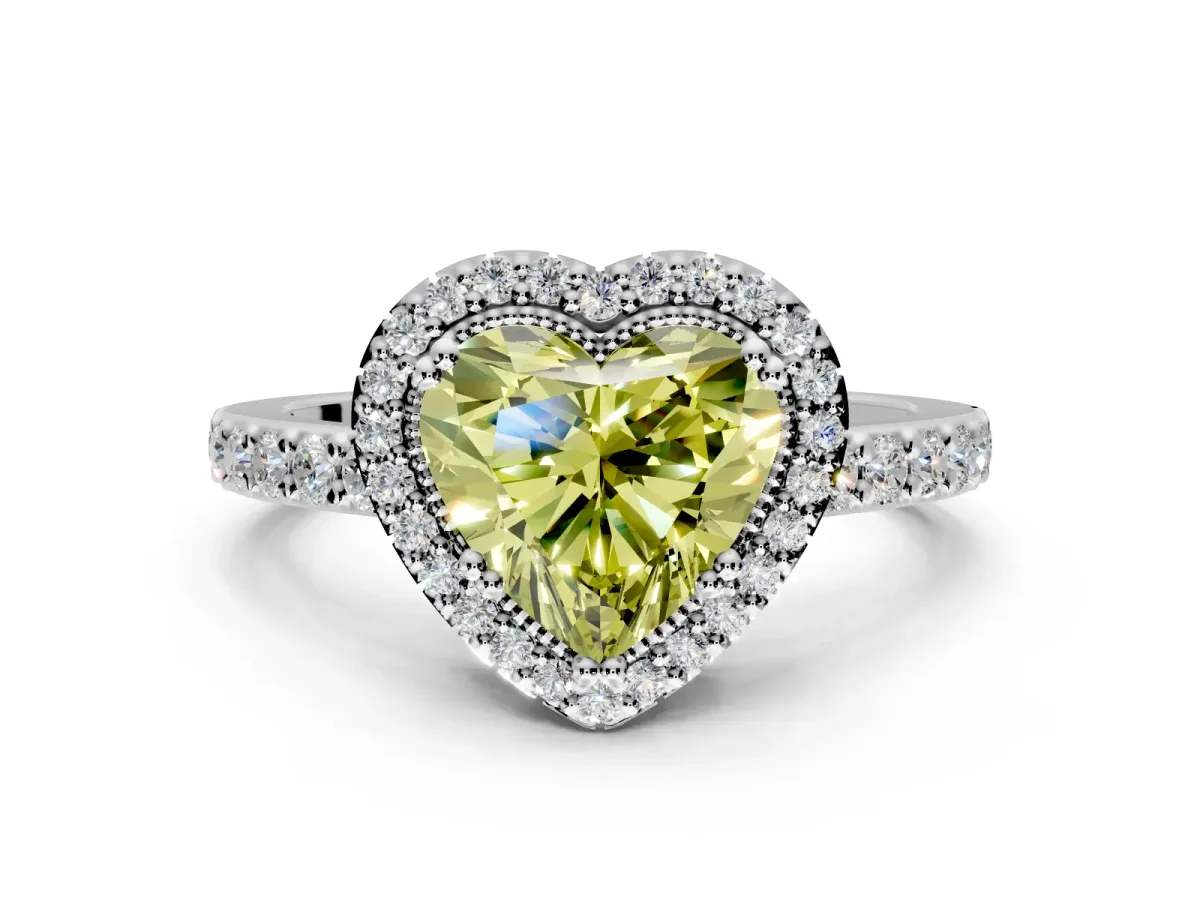 Halo Engagement Ring Setting for Fancy Yellow Heart-Shaped Center with Inner Milgrain Border and Prong Head in Platinum