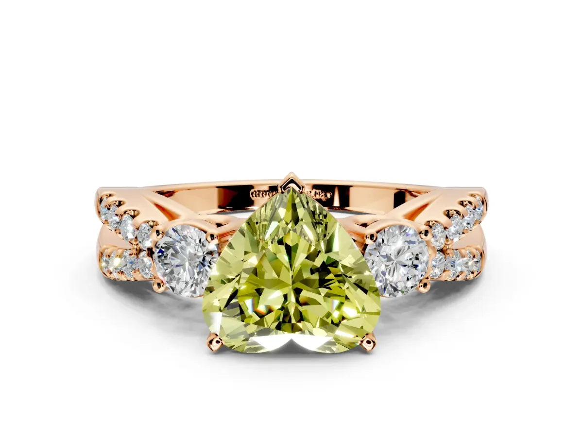 3 Stone Engagement Ring Setting for Fancy Yellow Heart-Shaped Center with Pave Split Shank and Prong Head in Rose Gold