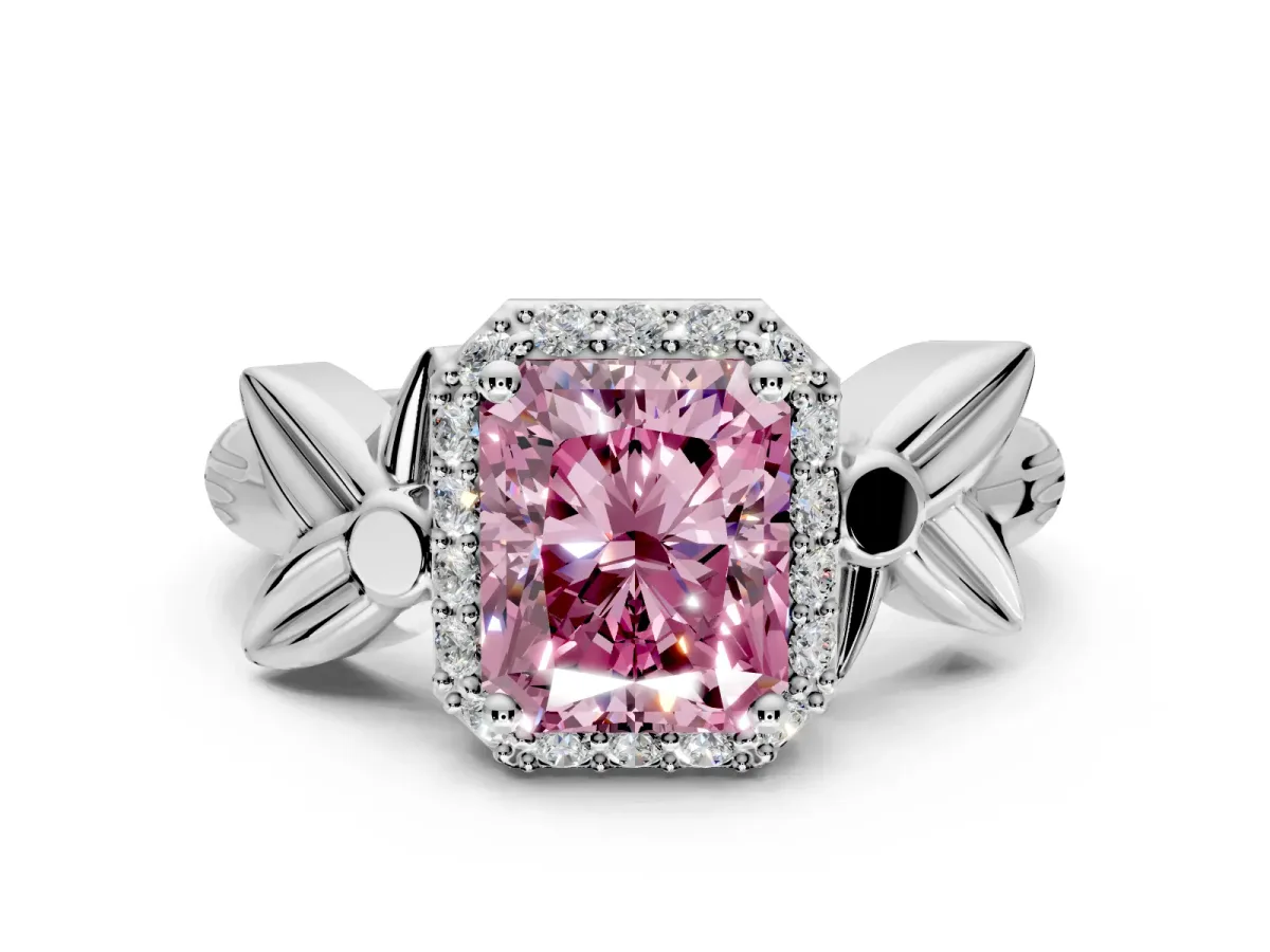 Halo Engagement Ring Setting for Fancy Pink Radiant Cut Center with Floral Band and Prong Head in Platinum