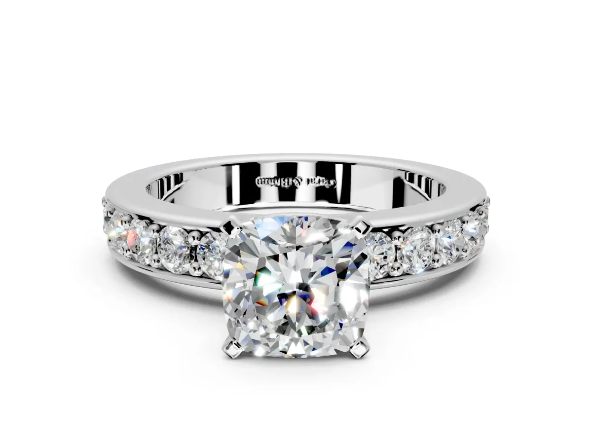 Solitaire Engagement Ring Setting for Cushion Cut Center with Channel-Set Accents and Prong Head in White Gold