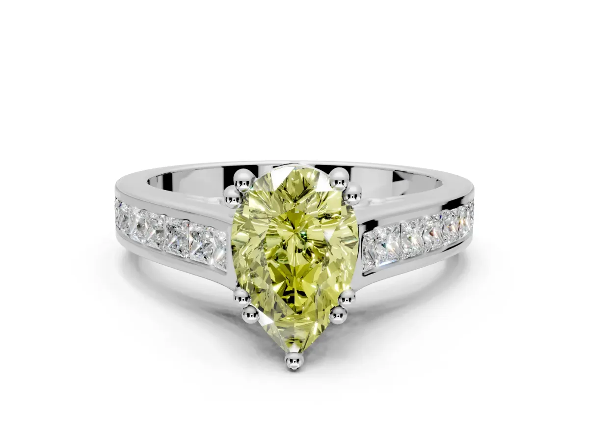 Solitaire Engagement Ring Setting for Fancy Yellow Pear-Shaped Center with Channel Band and Double Claw Prong Head in Sterling Silver