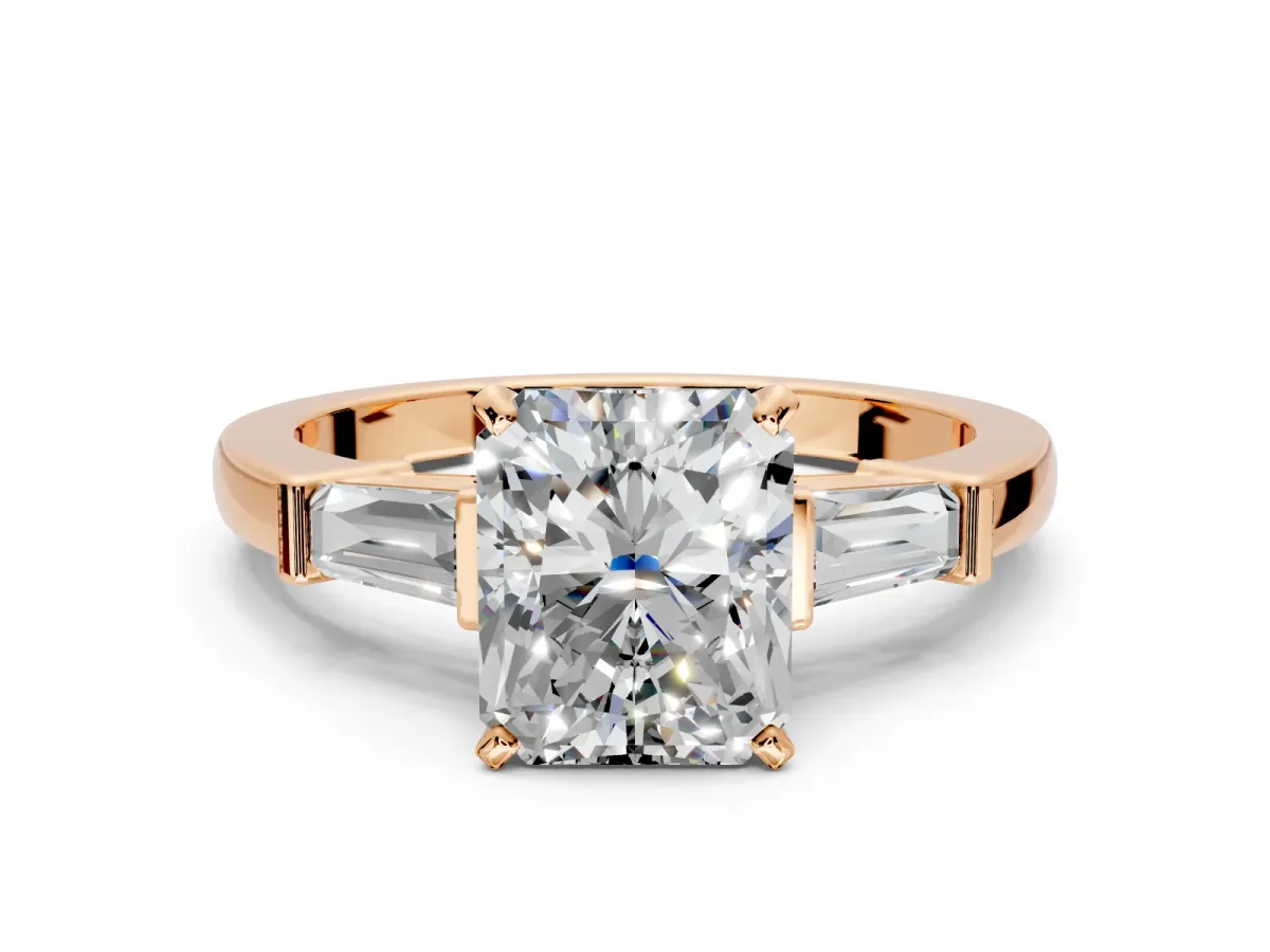 3 Stone Engagement Ring Setting for Radiant Cut Center with Channel Baguette Accents and Prong Head in Rose Gold