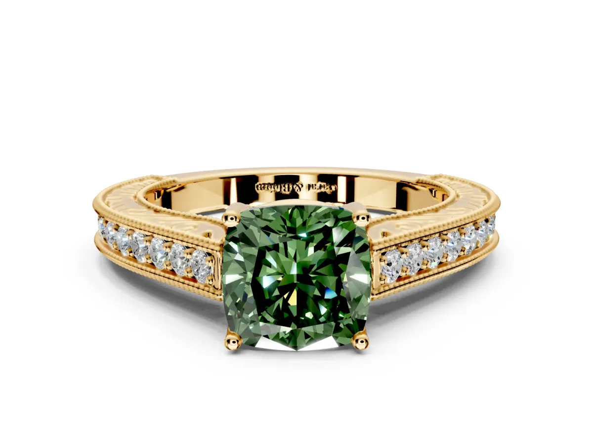Solitaire Engagement Ring Setting for Fancy Green Cushion Cut Center with Engraved Pave Band and Prong Head in Yellow Gold