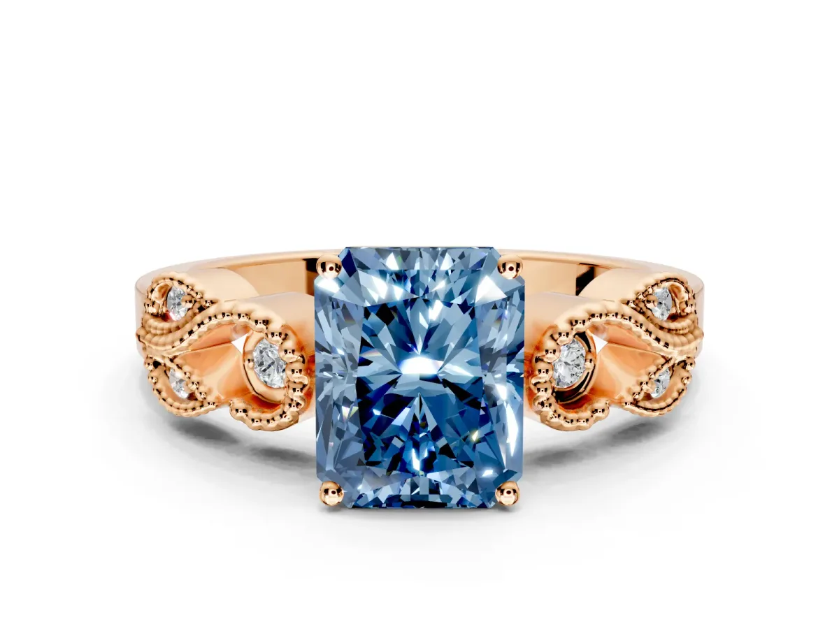 Leaf Engagement Ring Setting for Fancy Blue Princess Cut Center with Milgrain Accent Band and Prong Head in Rose Gold