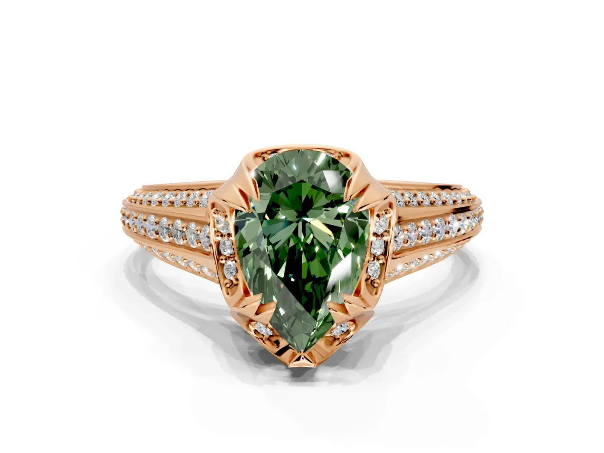 Solitaire Engagement Ring Setting for Fancy Green Pear-Shaped Center with Accented Split Shank and Prong Head in Rose Gold