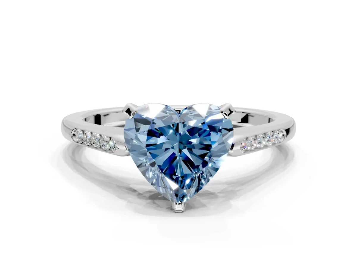 Solitaire Engagement Ring Setting for Fancy Blue Heart-Shaped Center with Channel Accents and Prong Head in Sterling Silver