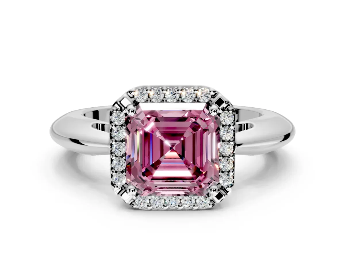 Halo Engagement Ring Setting for Fancy Pink Asscher Cut Center with Tapered Plain Band and Prong Head in White Gold