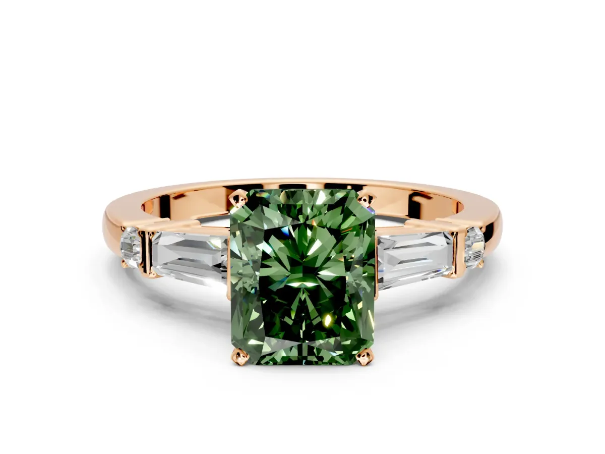 Bar-Set Engagement Ring Setting for Fancy Green Radiant Cut Center with Tapered Baguette Accents and Prong Head in Rose Gold