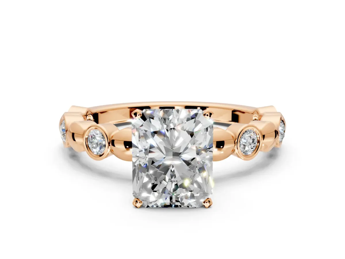 Solitaire Engagement Ring Setting for Radiant Cut Center with Beaded Bezel Station Band and Prong Head in Rose Gold