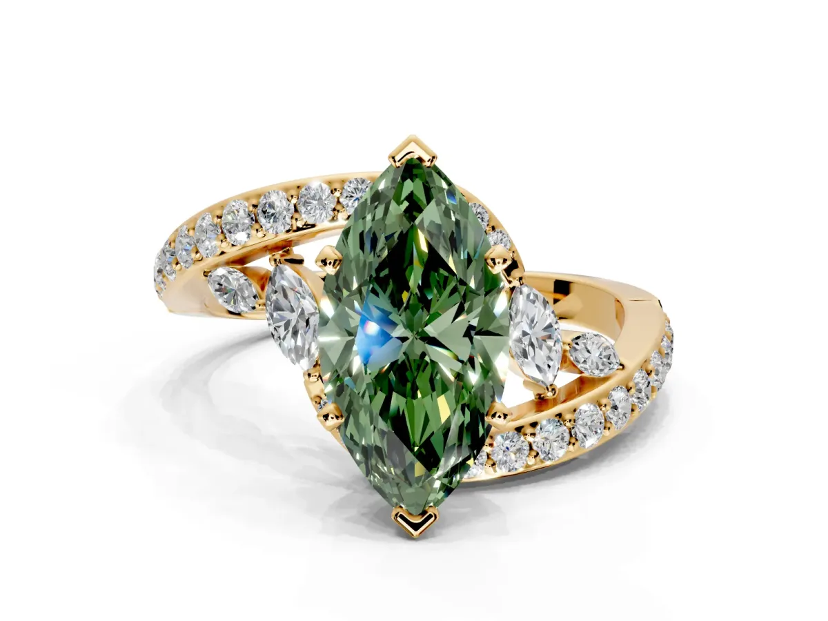 Solitaire Engagement Ring Setting for Fancy Green Marquise Center with Pave Bypass Twist Band and Prong Head in Yellow Gold