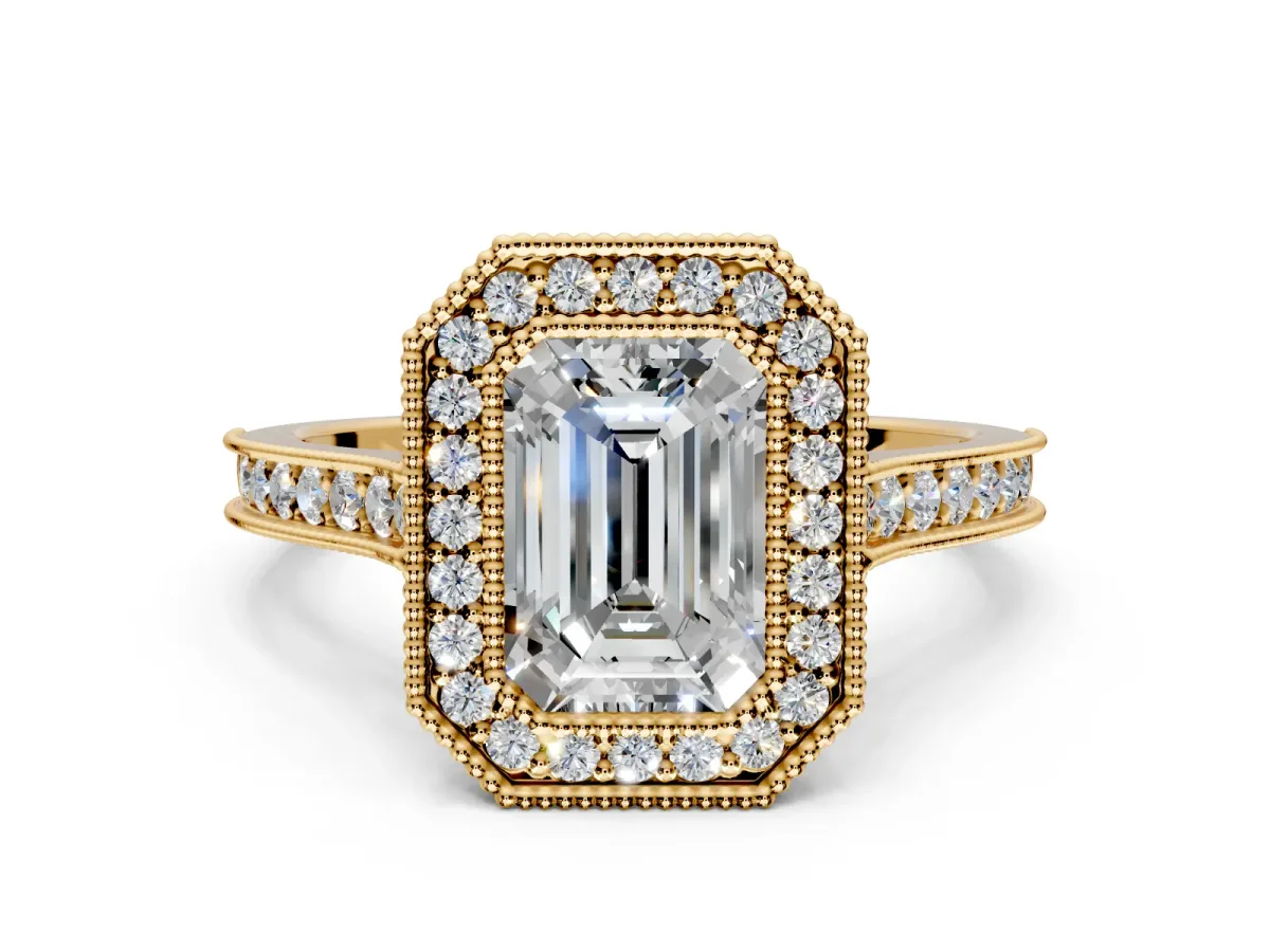 Halo Engagement Ring Setting for Emerald Cut Center with Milgrain Pave Band and Bezel Head in Yellow Gold