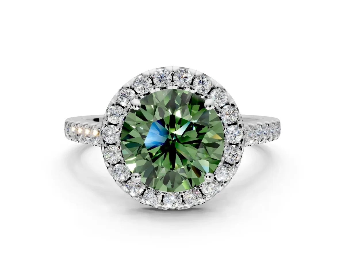 Halo Engagement Ring Setting for Fancy Green Round Cut Center with Narrowing Pave Band and Prong Head in Sterling Silver