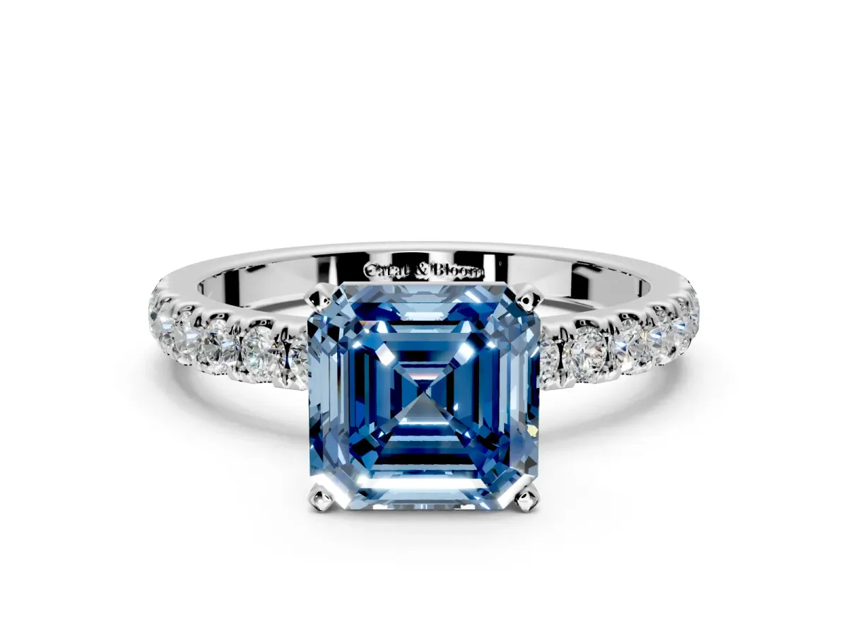 Open Basket Engagement Ring Setting for Fancy Blue Asscher Cut Center with Pave Band and Prong Head in Platinum