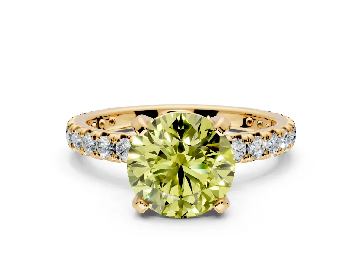 Solitaire Engagement Ring Setting for Fancy Yellow Round Cut Center with Shared-Prong Accents and Prong Head in Yellow Gold