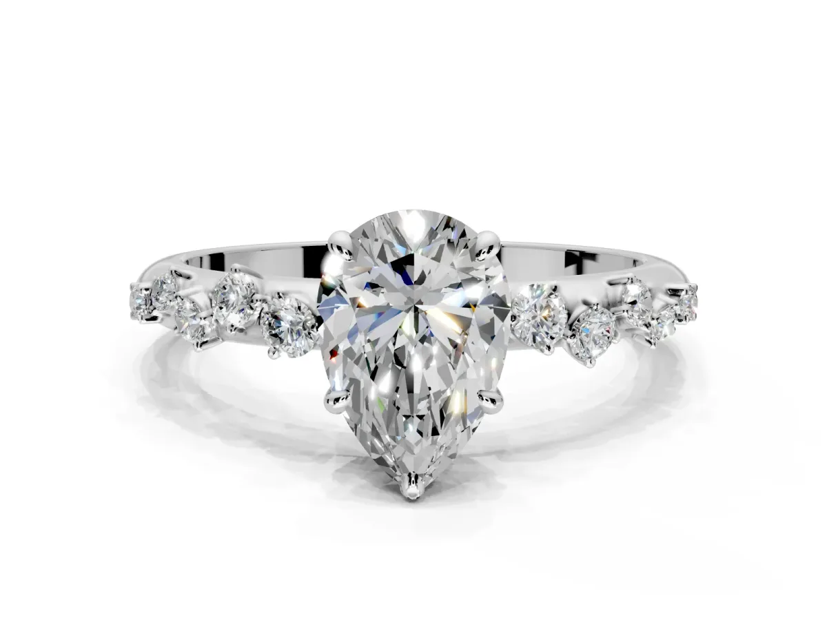 Cluster Engagement Ring Setting for Pear-Shaped Center with Round Cut Accent Band and Prong Head in Platinum