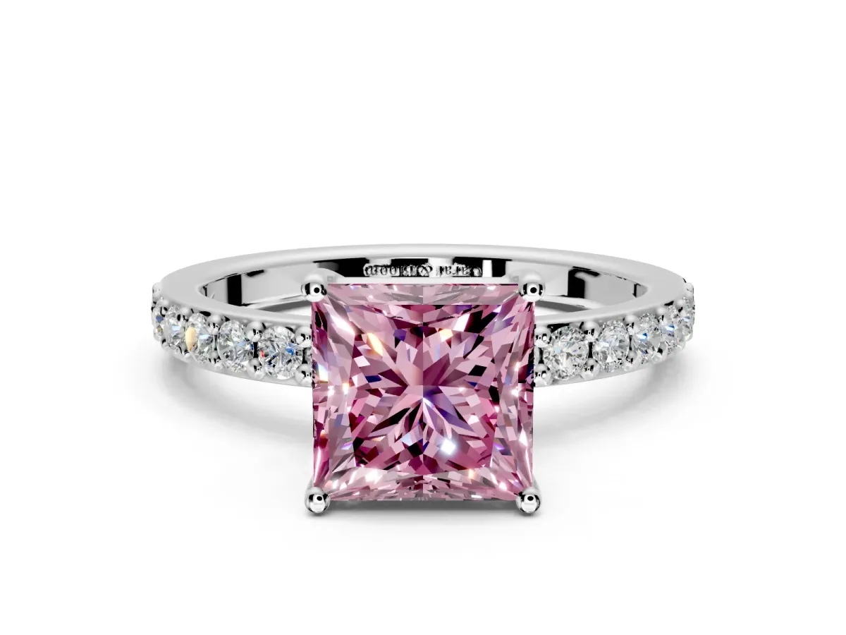 Solitaire Engagement Ring Setting for Fancy Pink Princess Cut Center with Round Cut Pave Band and Prong Head in White Gold