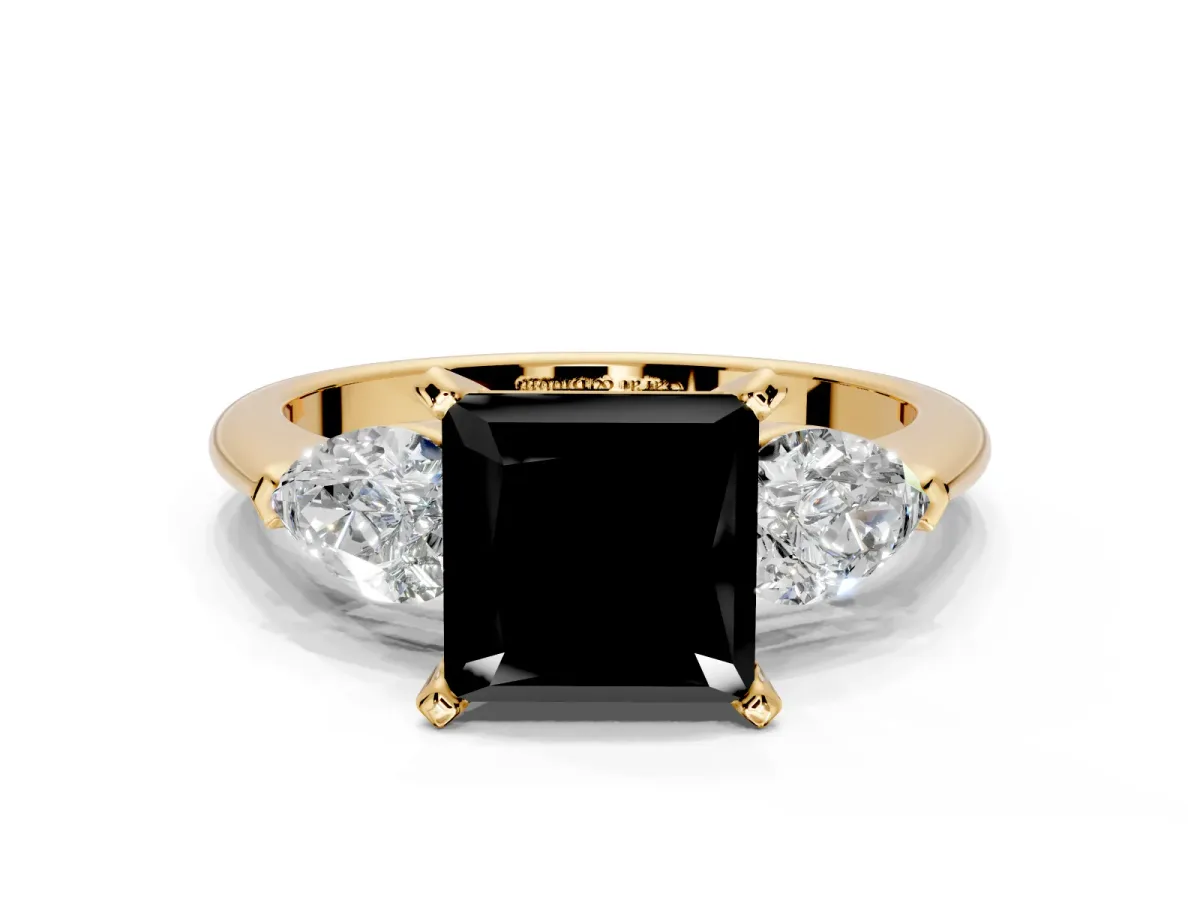 3 Stone Engagement Ring Setting for Fancy Black Princess Cut Center with Large Pear-Shaped Accents and Prong Head in Yellow Gold