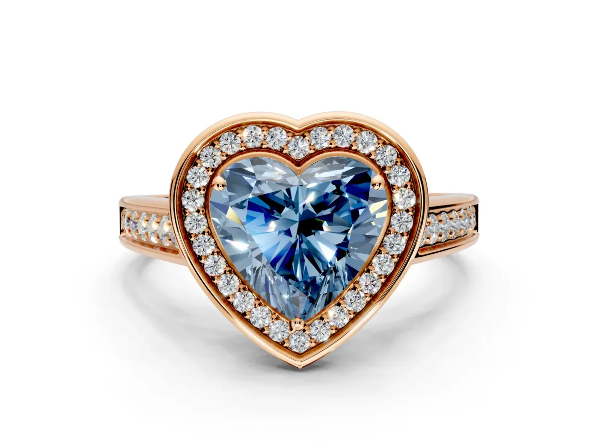 Halo Engagement Ring Setting for Fancy Blue Heart-Shaped Center with Outer Bezel Rim, Pave Band and Prong Head in Rose Gold