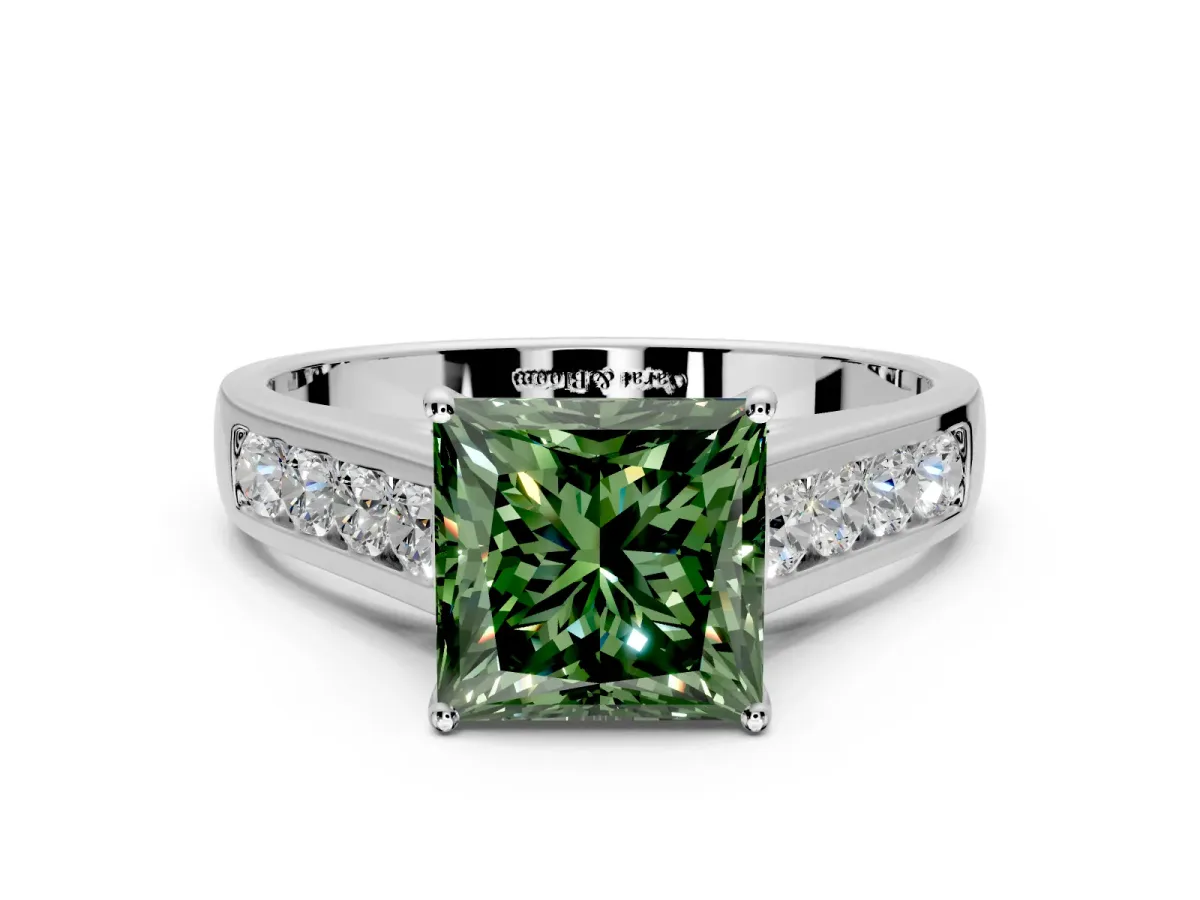 Solitaire Engagement Ring Setting for Fancy Green Princess Cut Center with Cathedral Channel Band and Prong Head in White Gold