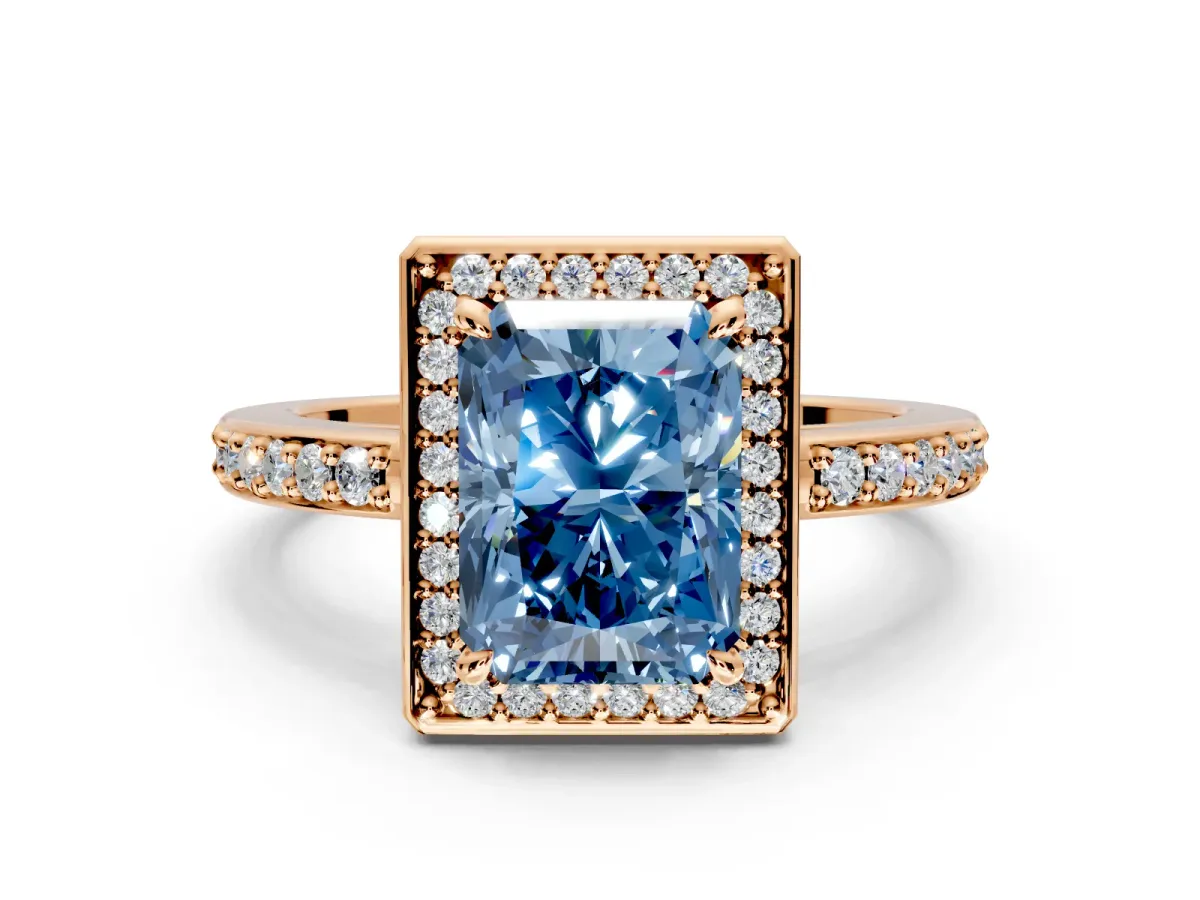 Halo Engagement Ring Setting for Fancy Blue Radiant Cut Center with Metal-Rimmed Halo, Pave Band and Prong Head in Rose Gold