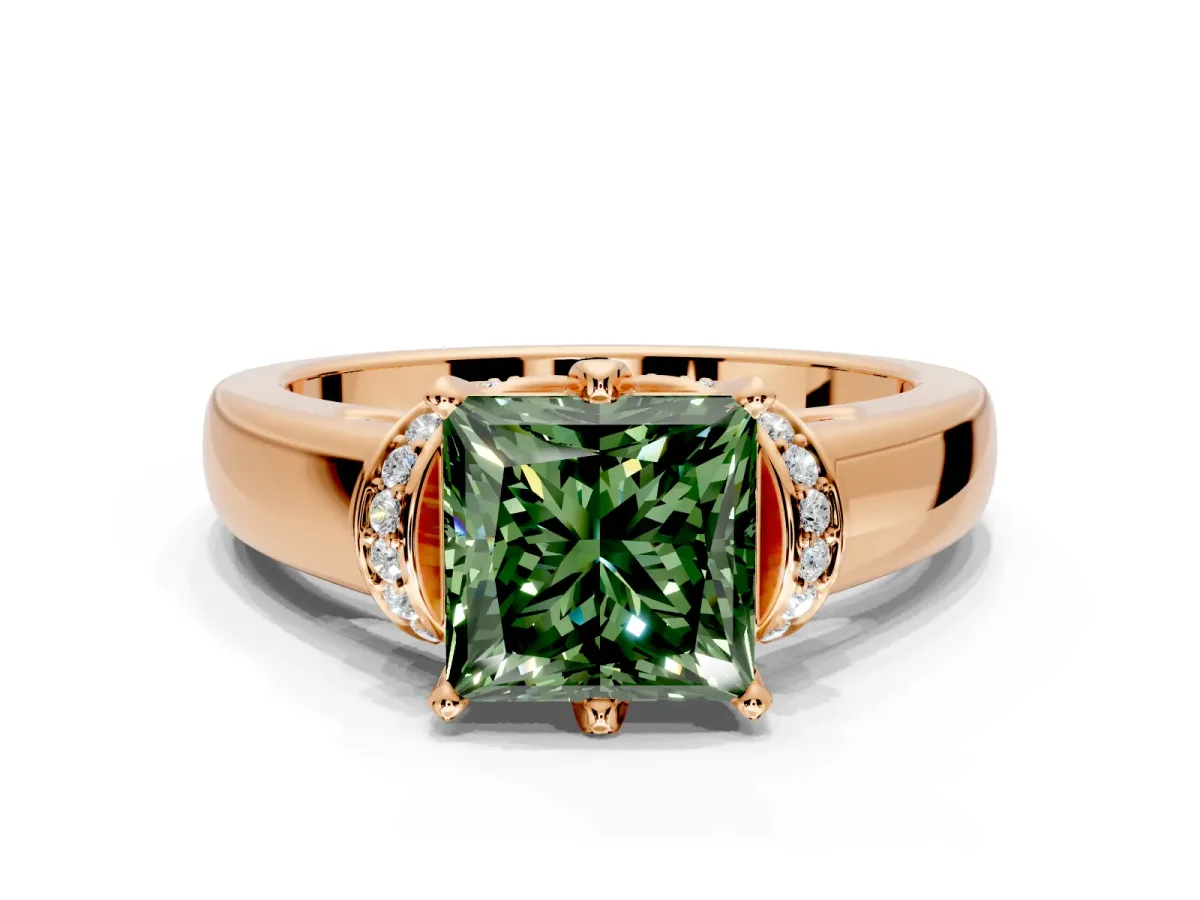 Solitaire Engagement Ring Setting for Fancy Green Princess Cut Center with Wide Band, Pave Collar and Prong Head in Rose Gold