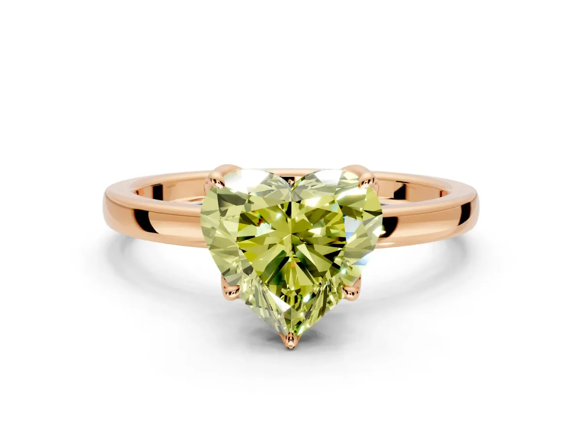 Solitaire Engagement Ring Setting for Fancy Yellow Heart-Shaped Center with Thin Rounded Plain Band and Prong Head in Rose Gold