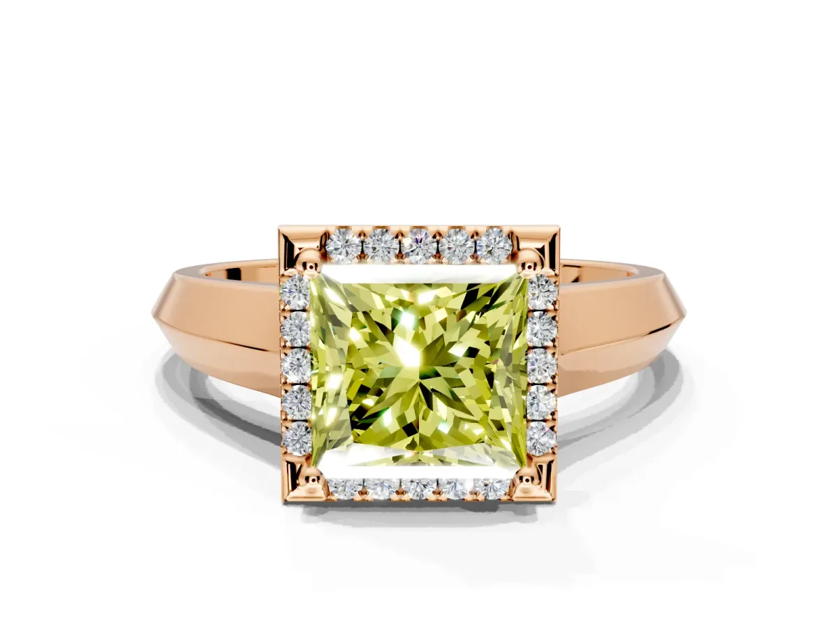 Halo Engagement Ring Setting for Fancy Yellow Princess Cut Center with Knife Ridge Cathedral Band and Prong Head in Rose Gold