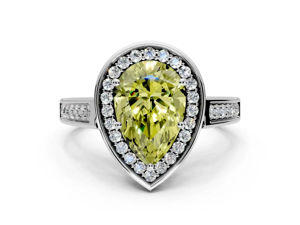 Halo Engagement Ring Setting for Fancy Yellow Pear-Shaped Center with Outer Bezel Rim, Pave Band and Prong Head in Platinum