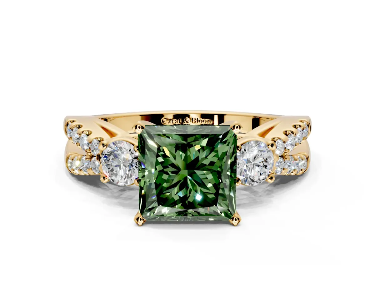 3 Stone Engagement Ring Setting for Fancy Green Princess Cut Center with Pave Split Shank and Prong Head in Yellow Gold