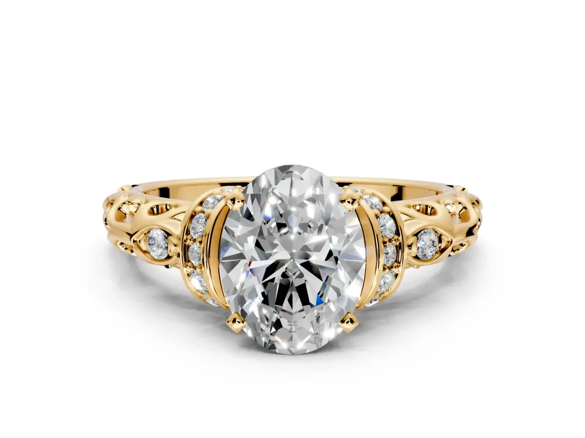Solitaire Engagement Ring Setting for Oval Center with Filigree Band and Prong Head in Yellow Gold