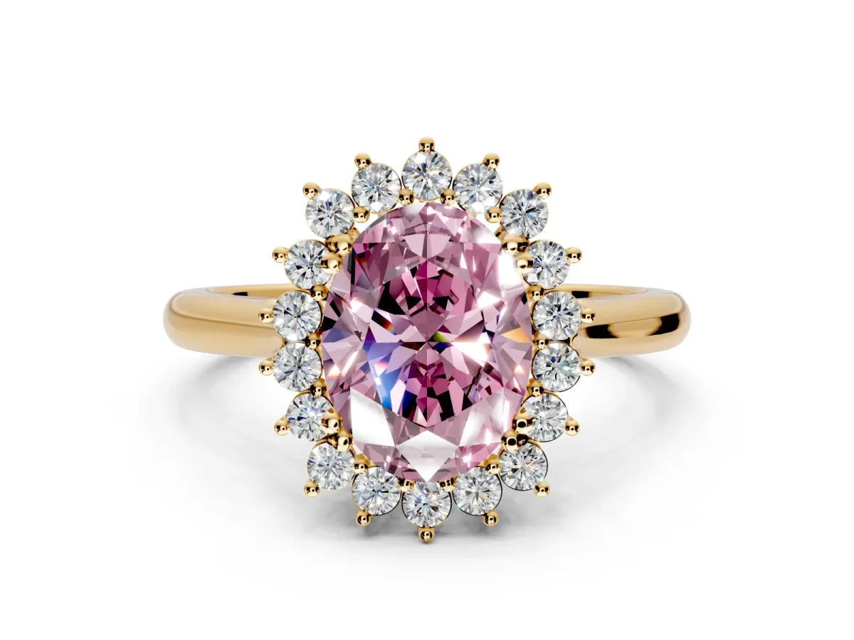 Starburst Halo Engagement Ring Setting for Fancy Pink Oval Center with Thin Round-Wire Band and Prong Head in Yellow Gold