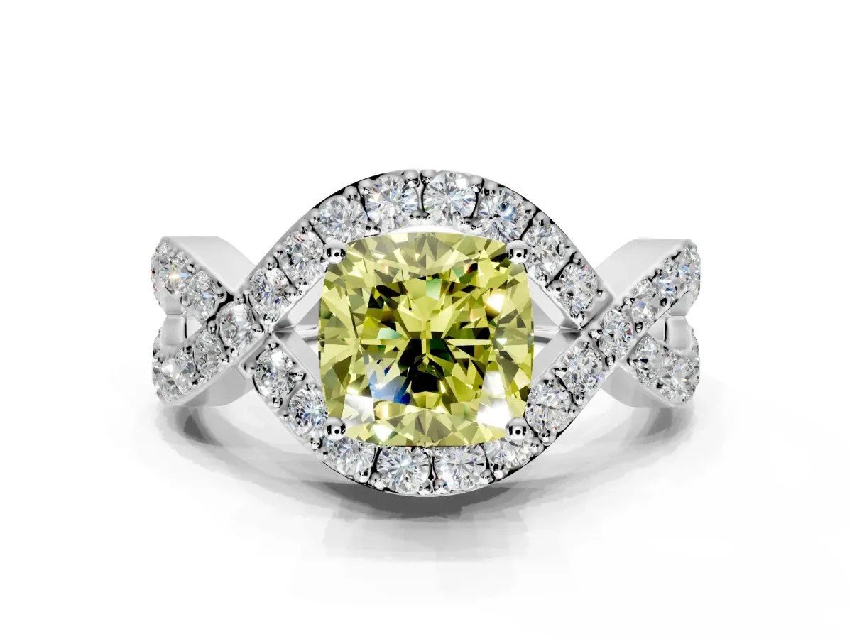 Halo Engagement Ring Setting for Fancy Yellow Cushion Cut Center with Pave Infinity Twist Band and Prong Head in White Gold