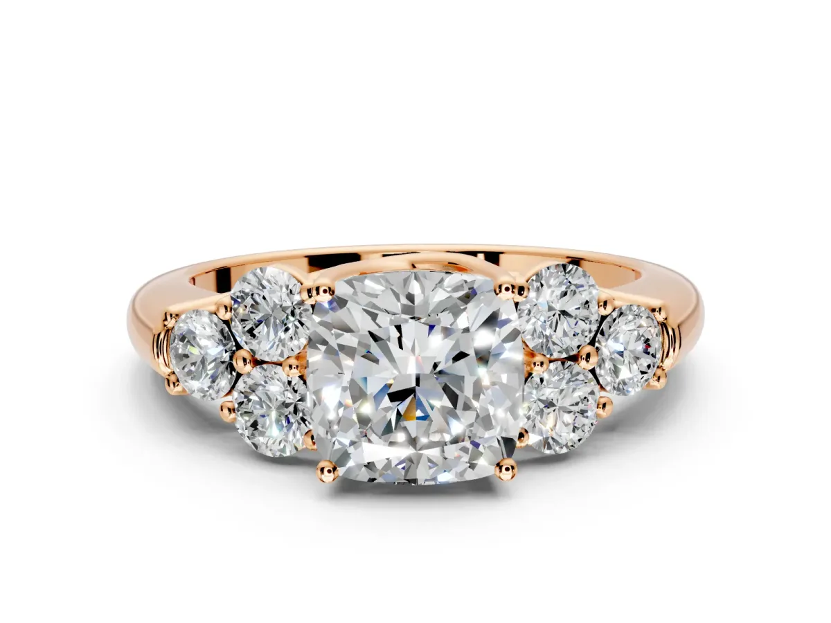 Cluster Engagement Ring Setting for Cushion Cut Center with Round Cut Accent Frame and Prong Head in Rose Gold