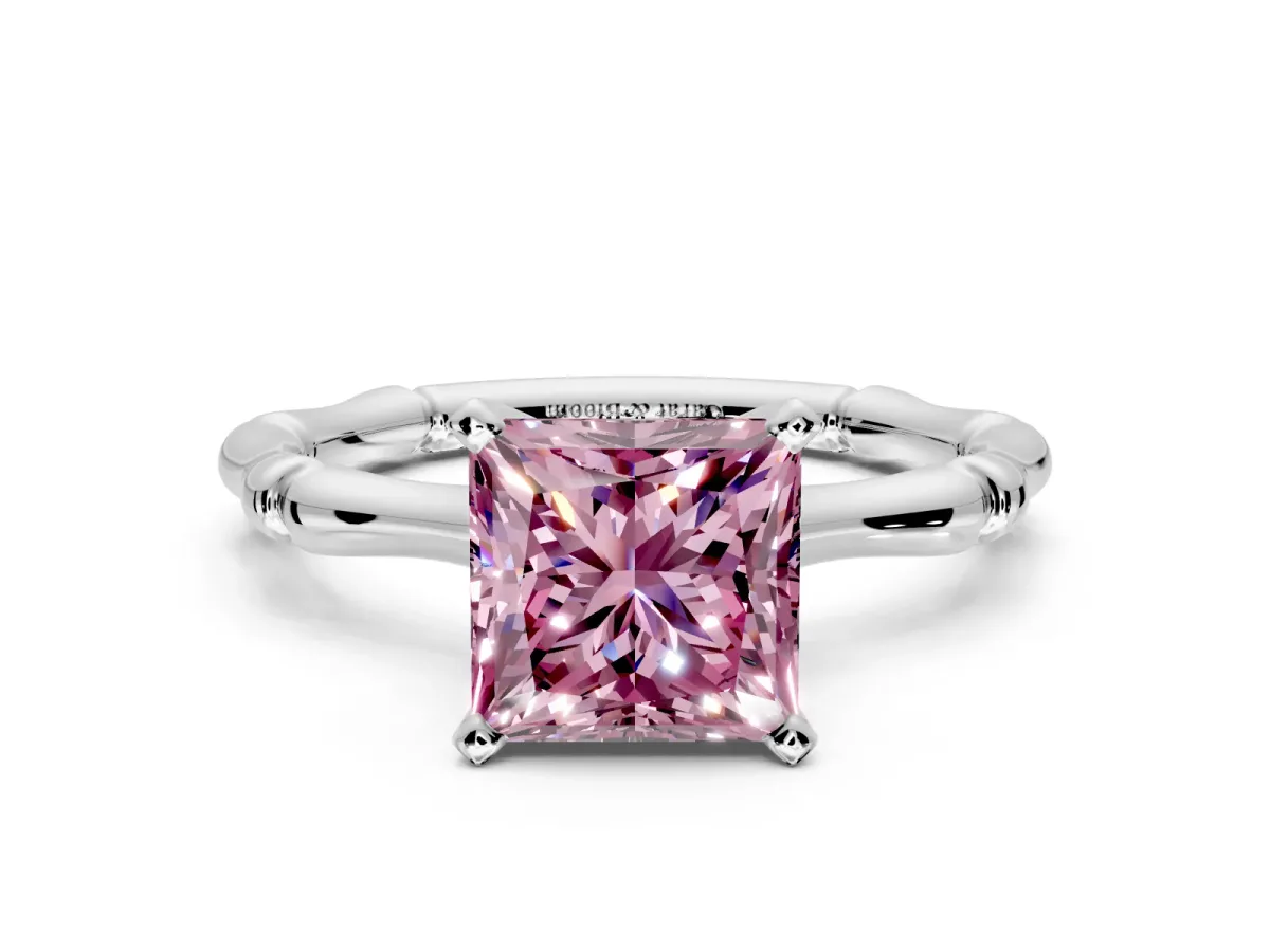 Solitaire Engagement Ring Setting for Fancy Pink Princess Cut Center with Bamboo Band and Prong Head in Platinum