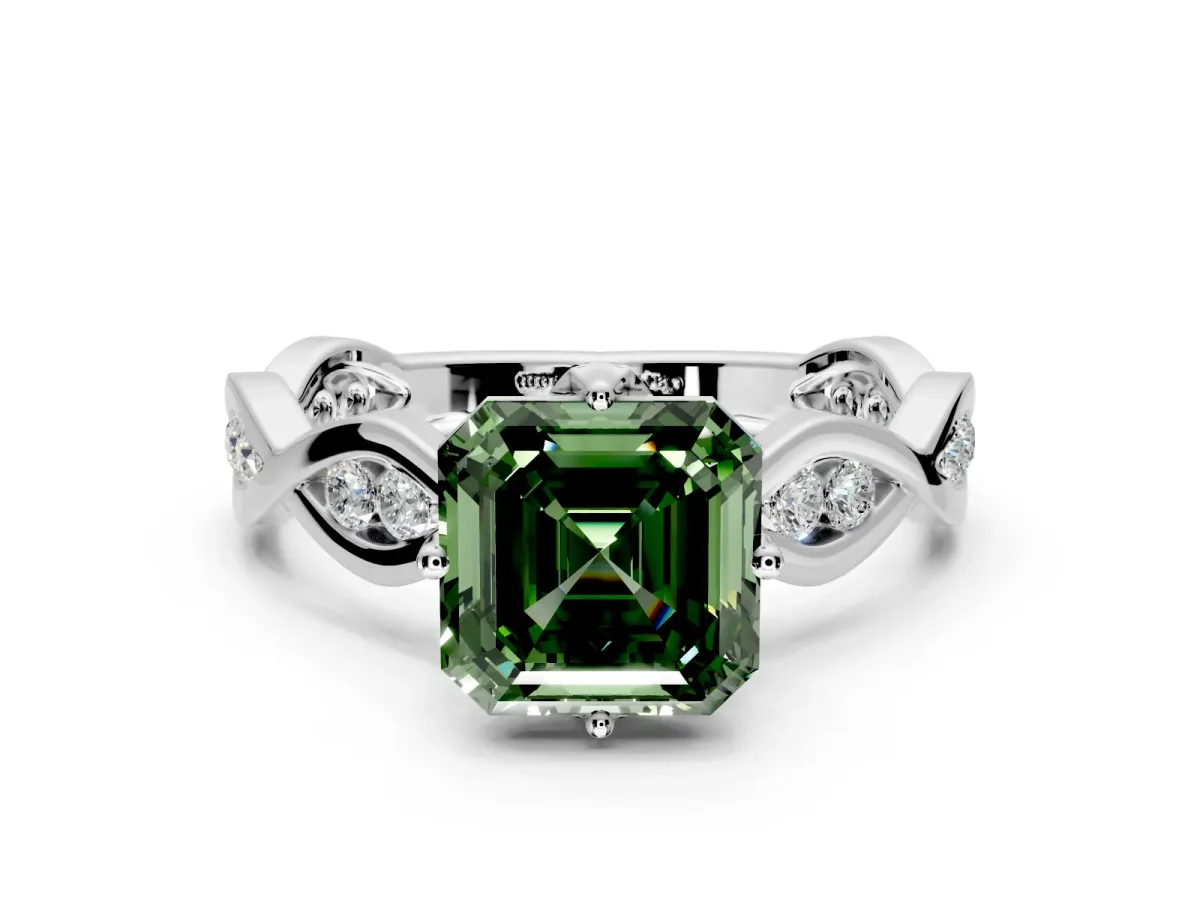 Solitaire Engagement Ring Setting for Fancy Green Asscher Cut Center with Accented Twist Band and Leaf Prong Head in Platinum