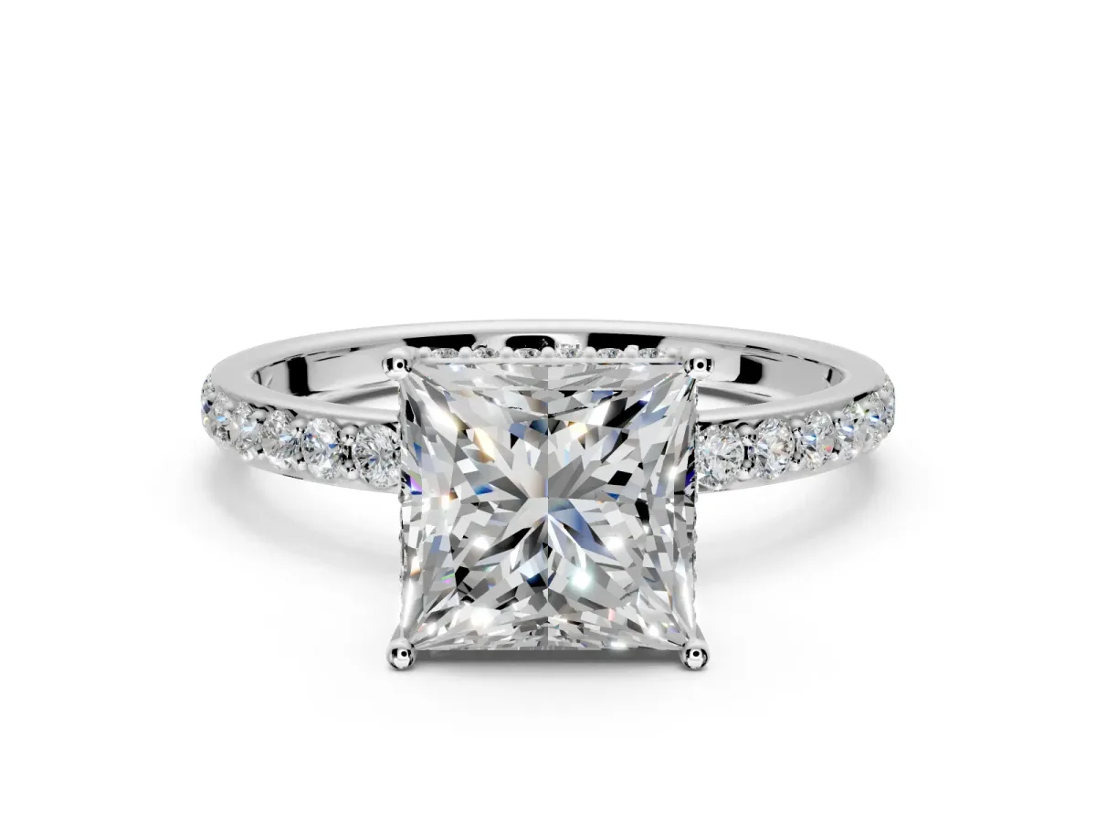 Hidden Halo Engagement Ring Setting for Princess Cut Center with Pave Band and Prong Head in Sterling Silver
