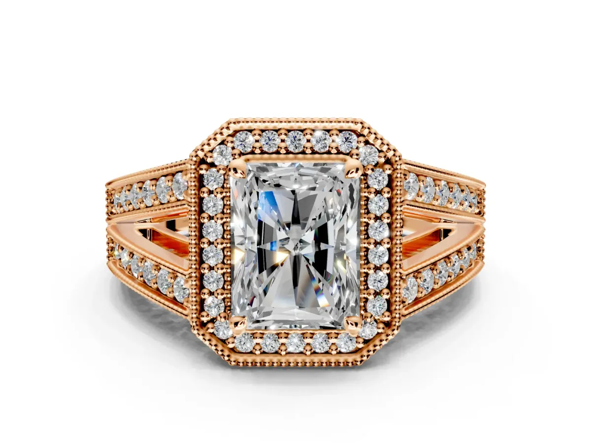 Halo Engagement Ring Setting for Radiant Cut Center with Milgrain Split Shank and Prong Head in Rose Gold